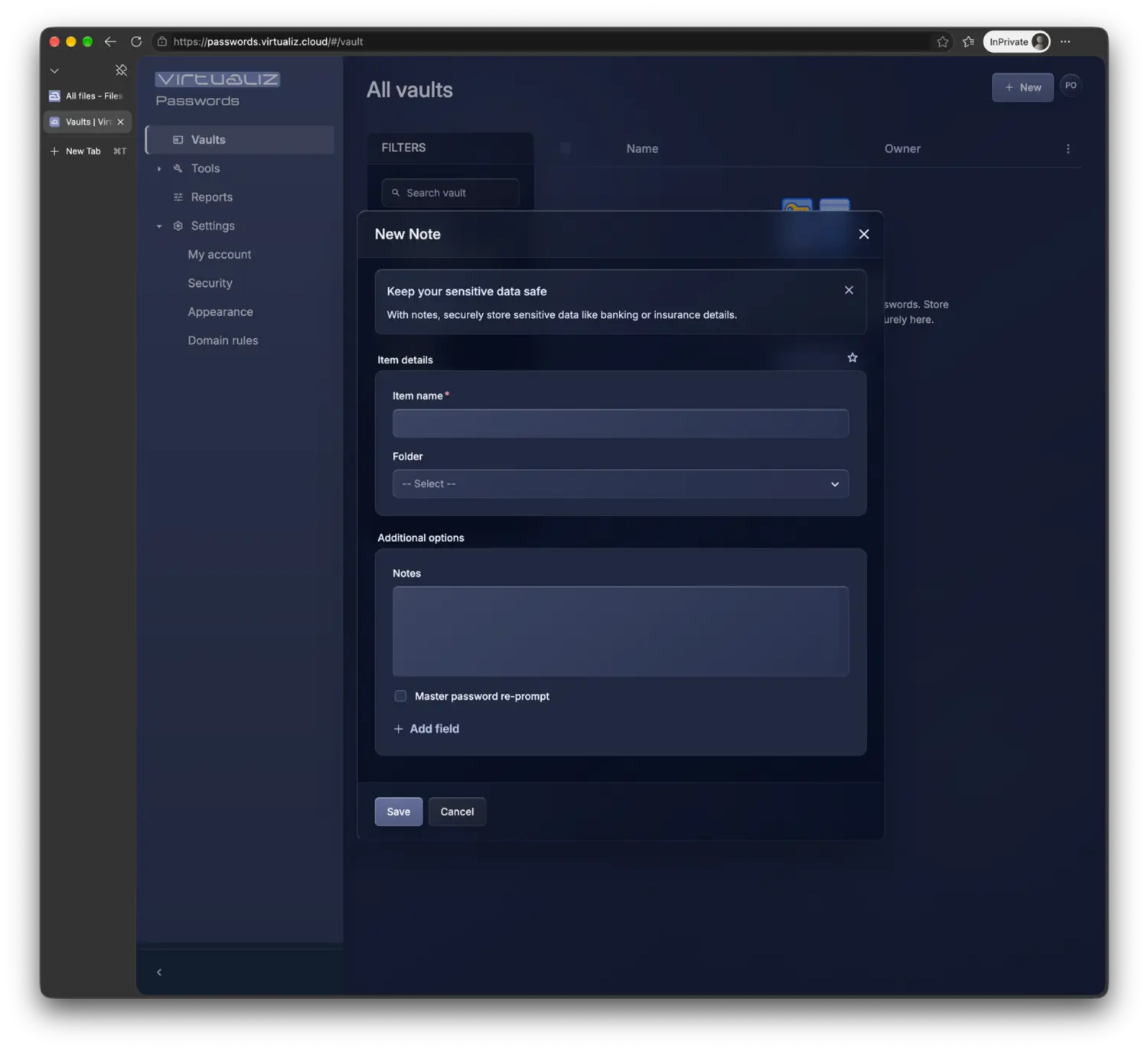 Pantalla de Virtualiz® Passwords para crear una nota segura, sin elementos del navegador