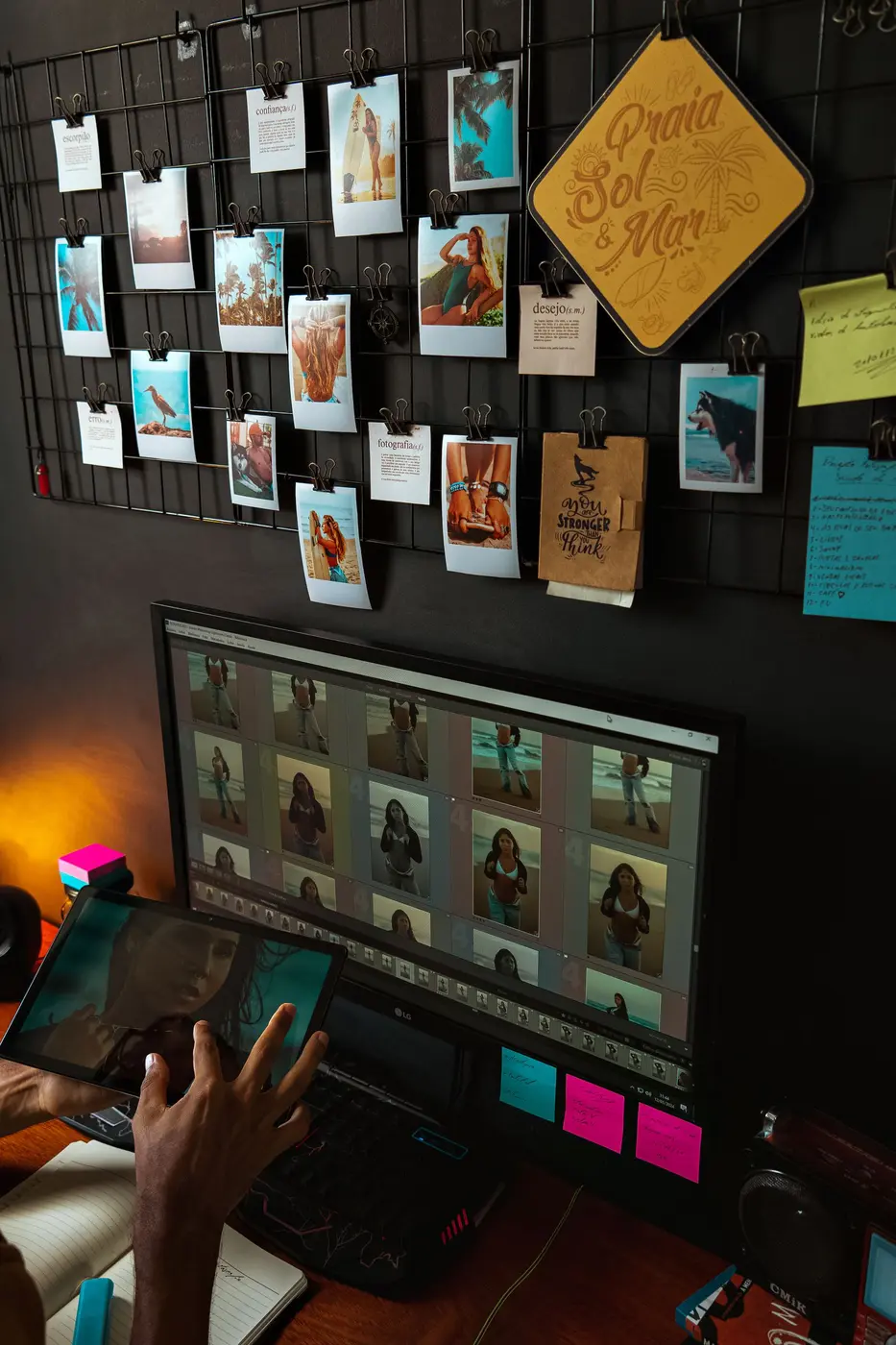 Profesional organiza una selección de fotografías en un estudio de trabajo