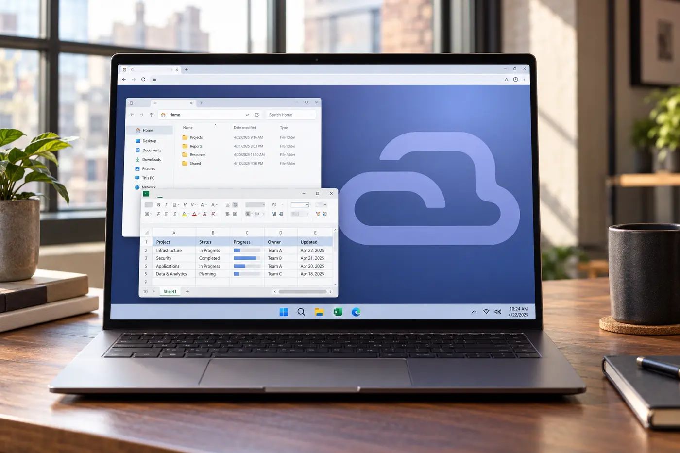 Imagen conceptual de una laptop con una sesión Windows en el navegador y el símbolo de nube Virtualiz en el fondo de pantalla