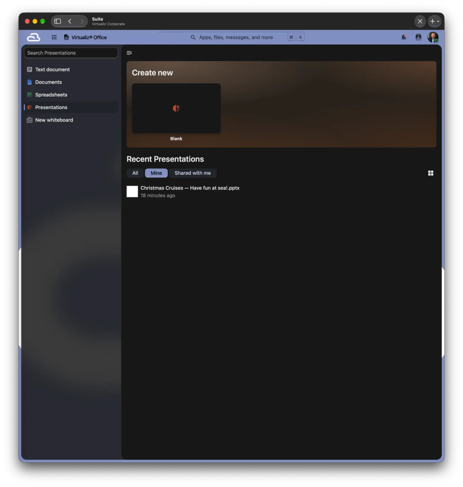 Pantalla real de Virtualiz® Suite para macOS mostrando documentos y presentaciones